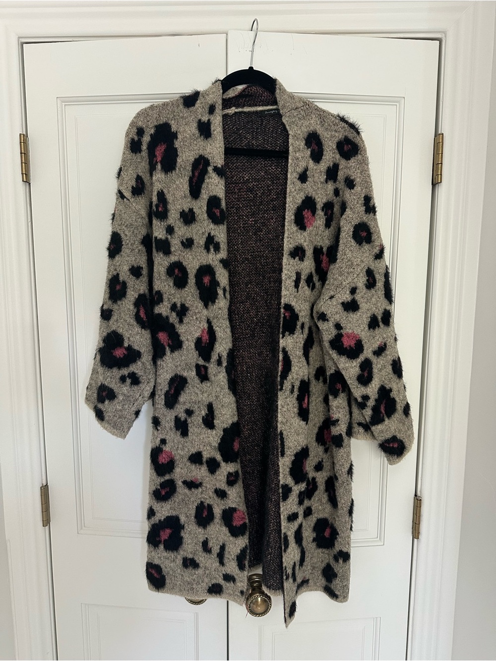 Anthropologie Leopard Print Open Cardigan - Gray with Black & Pink Spots